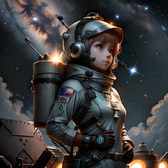 Anime girl in space suit with rocket and space station in ...