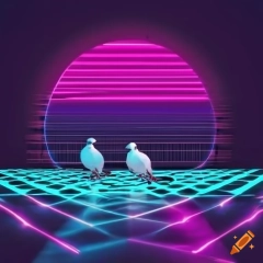 Retro-style synthwave background with pigeons and neon lights on ...