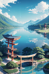 A painting of a pagoda and a bridge over a lake - SeaArt AI