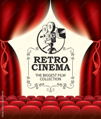 Retro Cinema Camera And Red Curtains