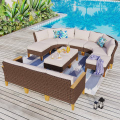 11-piece Outdoor Wicker Half-Round Furniture Set Half-Moon Sectional Sofa All Weather Curved Conversation Set