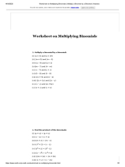 Worksheet On Multiplying Binomials: 1. Multiply A Binomial by A ...