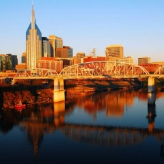 Nashville Skyline, Tennessee and the Cumberland river with river reflection by Panoramics (Nashville Skyline Sunset Bridge)