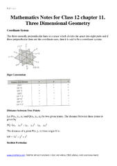 SOLUTION: Mathematics notes three dimensional geometry - Studypool