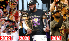 Lebron James Los Angeles Lakers Unsigned 2020 NBA Finals Bill Russell MVP Trophy and Larry O'Brien Celebration Photograph (LeBron James)