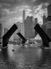 Chicago Bridge (Chicago River Black And White Night)