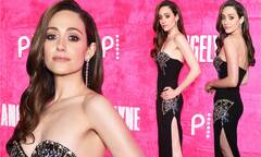 Emmy Rossum sizzles in a bedazzled black strapless gown at ...