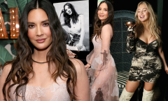 Olivia Munn stuns in a sheer blush gown as Iskra Lawrence slips ...