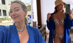 Hilary Duff flashes her abs in a zebra- bikini while enjoying ...