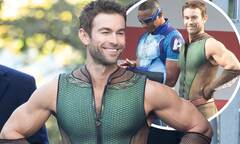 Chace Crawford showcases his heavily muscled arms while filming ...