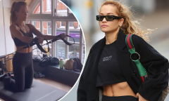 Rita Ora flashes her washboard abs in black leggings and a jumper ...