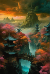 Atmospheric landscape gauche painting from Chinese myth" - Playground