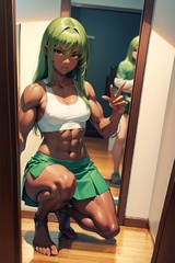 Anime Muscular Small Tits 70s Age Serious Face Green Hair Straight ...