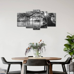 Black and White Tree 5 Pieces Modern Painting The Picture for Black and White Silhouette in Sunrise Time Lake