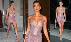 Hailey Bieber struts her stuff in a sexy pink rhinestone minidress ...