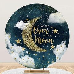 ft Over The Moon Round Backdrop Cover Polyester Night Starry Sky Baby Shower Circle Background Gold Glitter Moon and Stars White Clouds Baby Shower (We are over the moon)