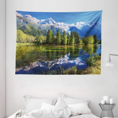 Outdoor Tapestry Snowy Mountains Evergreen Spruce Reflected in Lake City Park Chamonix France (Abakuhaus Nature Microfiber Tapestry Snowy Alps Lake Pine)