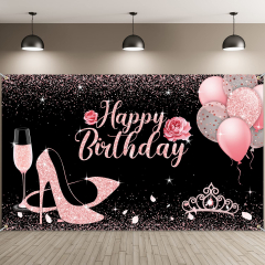 RUYI Rose Gold Glitter Happy Birthday Backdrop High Heels Champagne Glass Photography Background for Adult Women Birthday Party s Banner Photo (Happy Birthday)