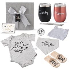 Suhctuptx Pregnancy Gifts for First Time Moms Dad, Mommy and Daddy Est 2023 Stainless Steel Wine Tumbler Set with Onesie Baby Socks Drool Bib and (Pregnancy Gift Est 2022-New Parents Gifts Set Pregnancy Announcement-New Mom Gifts Basket for Baby Shower Gender Reveal-Mom & Dad Mugs)