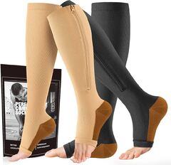 cerpite Zipper Compression Socks 2 Pairs Open Toe Compression Men Women 15-20mmhg,Suit for Running (Cerpite Zipper Compression Socks)