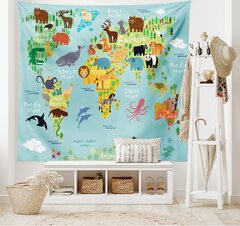 ABAKUHAUS Wanderlust Tapestry Animals Map of the World for Children Kids Cartoon Mountains Forests (Ambesonne Wanderlust Tapestry Map of World Continents)