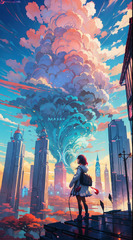 A woman standing on a ledge looking at a city with a cloud