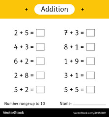 Addition number range up to 10 math worksheet Vector