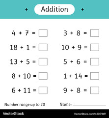 Addition number range up to 20 math worksheet Vector