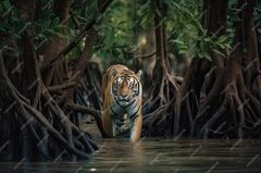 Premium Photo | Amur tiger walking in the water dangerous animal ...