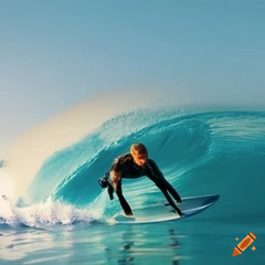 Surfer in the wave with sun on Craiyon