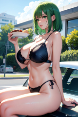 Anime Skinny Huge Boobs 50s Age Seductive Face Green Hair Bangs ...