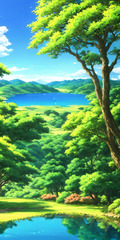 A painting of a lake surrounded by trees and a mountain - SeaArt AI