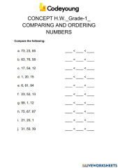 CONCEPT H.W.-Grade-1- COMPARING AND ORDERING NUMBERS worksheet ...