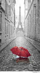 Eiffel Tower (Red Umbrella Paris Street Rainy Day Eiffel Tower )