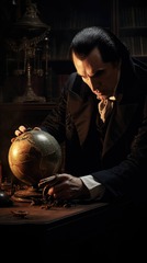 Dracula inspects an antique globe, his talon-like fingers tracing ...