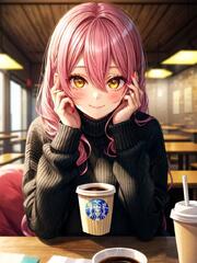 Anime girl with pink hair and horns holding two cups of coffee ...