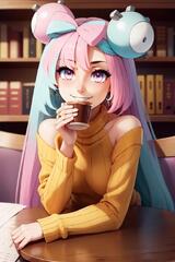 Anime girl with pink hair and horns holding two cups of coffee ...