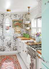 Kitchen with white cabinets and floral (Cottage Tennessee Kitchen )