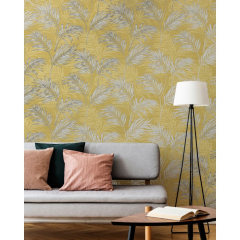 Lounge Palm Yellow / Silver Grandeco A46103 (Grandeco Lounge Palm Leaves Metallic Leaf Tropical Ochre Yellow Silver )