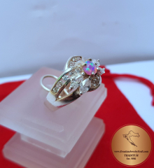 Fire Opal Ring Women's w White Topaz & CZ Sterling Silver Ring Flower Ring
