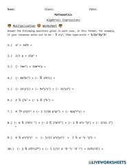 Multiplication in Algebraic Expressions worksheet | Live ...