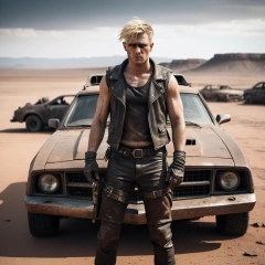 a blonde haired man, post apocalyptic, mad max inspi...