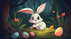 Cute Rabbit Sits In The Forest With Easter Eggs Background ...