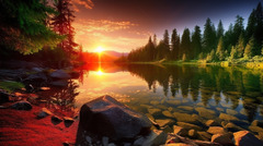 Sunrise Over A Lake With Trees And Rocks