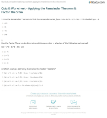 Quiz & Worksheet - Applying the Remainder Theorem & Factor Theorem ...