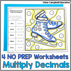 Multiplying Decimals - Winter Math Worksheets - Color by Number Activities