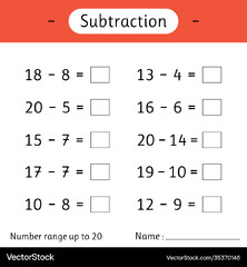 Subtraction number range up to 20 math worksheet Vector