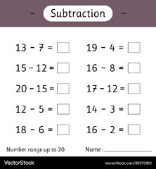 Subtraction number range up to 20 math worksheet Vector