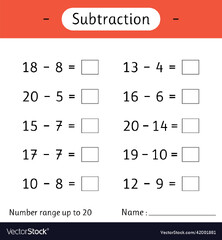 Subtraction number range up to 20 math worksheet Vector