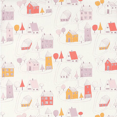 HPDM8284 Happy Dreams Sketched Houses Trees Pink Casadeco (Casadeco 82841230)